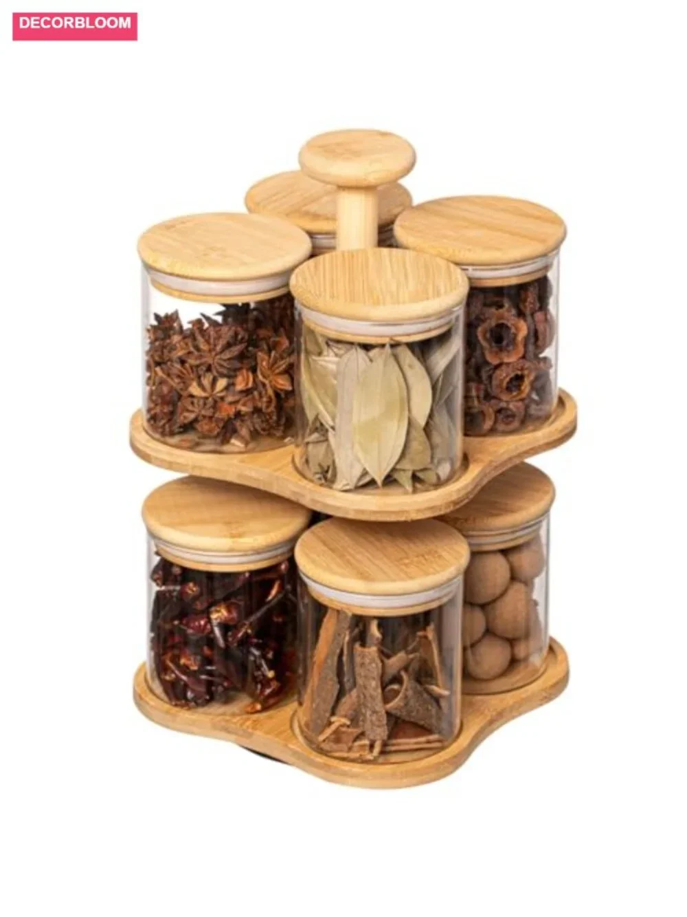 Two-Tier Bamboo Lazy Susan Turntable with 8 Airtight Glass Jars Spice Rack